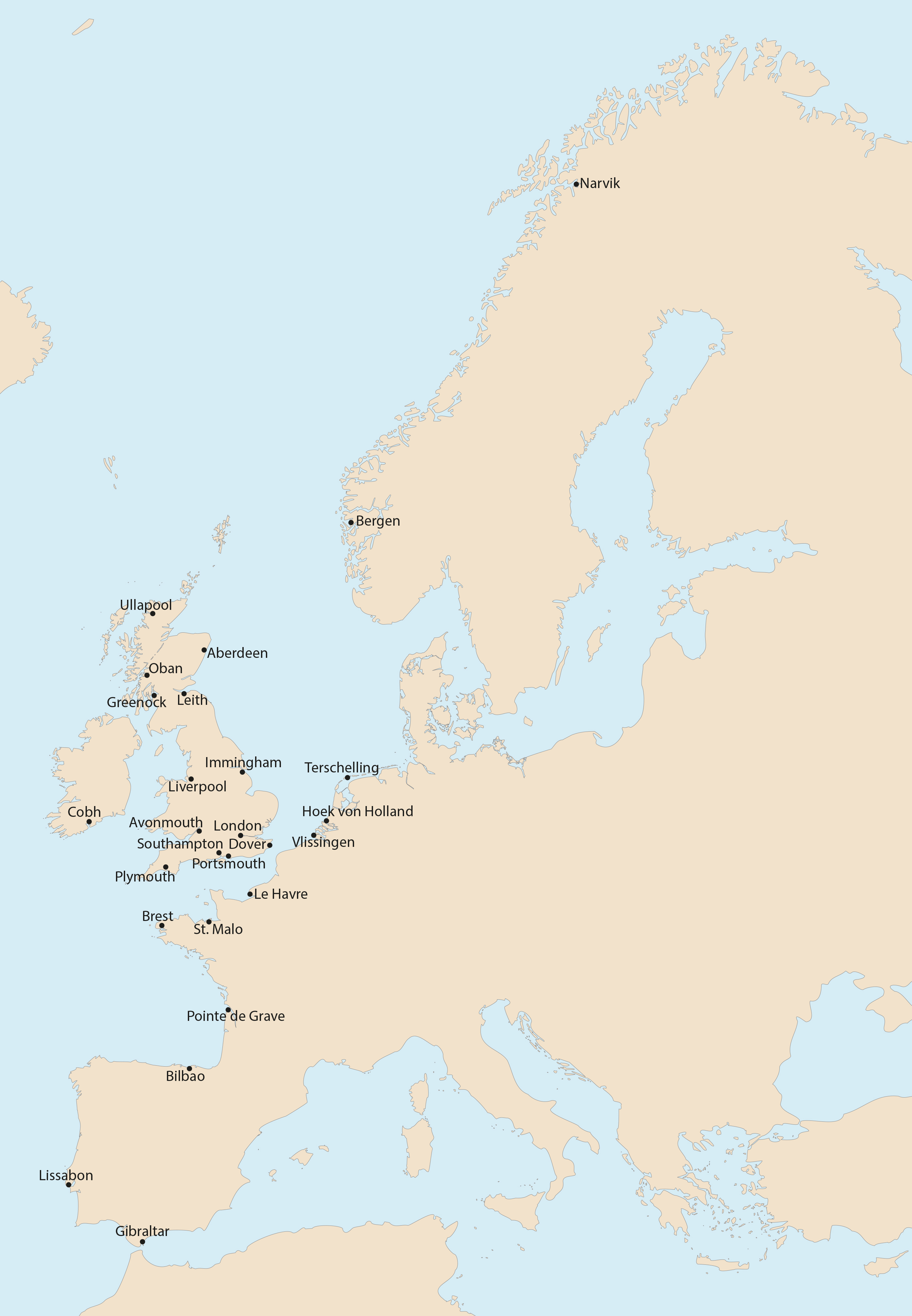 Karte der europäischen Atlantikküste mit der Lage der Bezugsorte zur Gezeitenberechnung mit den Gezeitentafeln