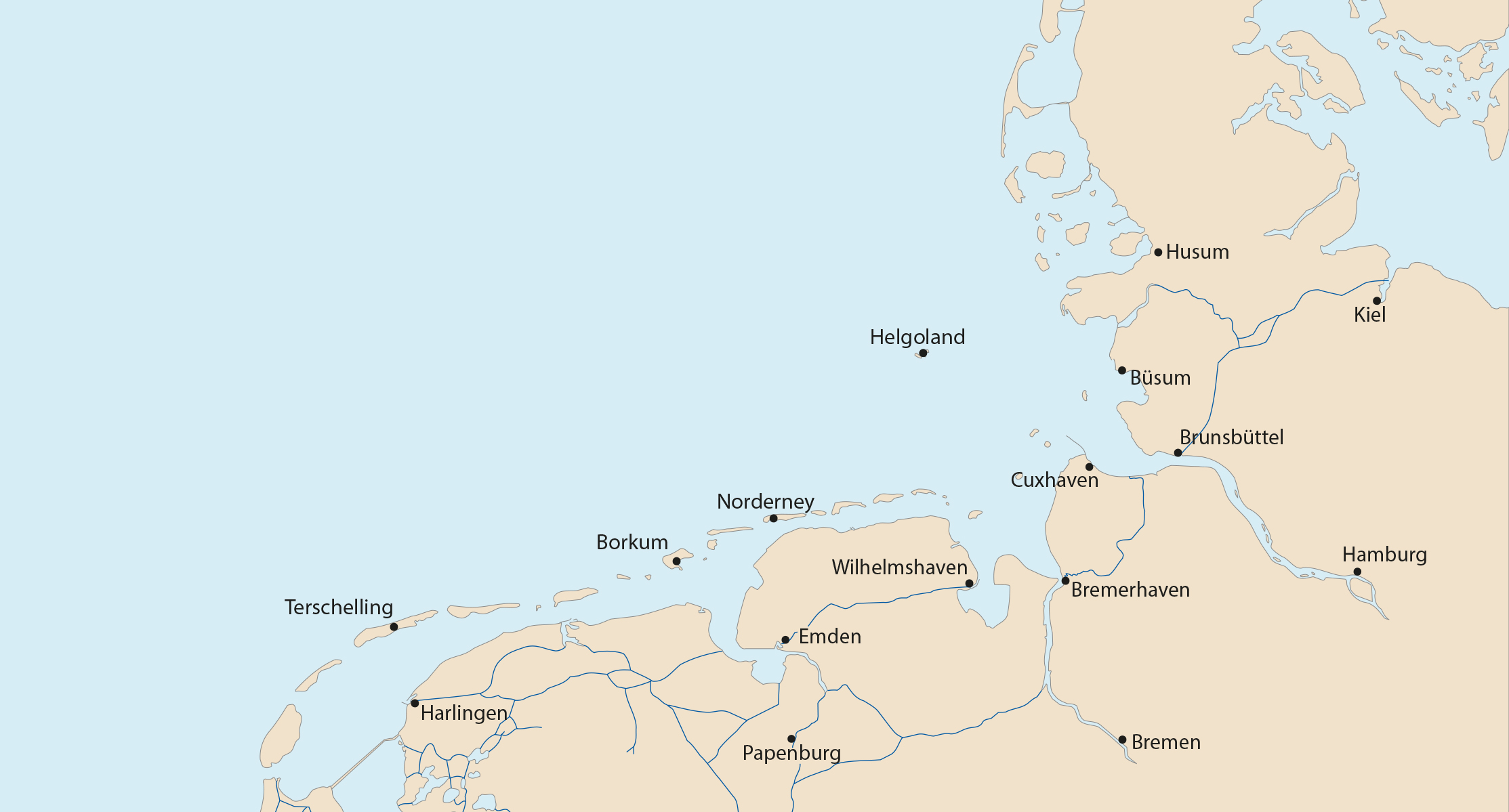 Kartenausschnitt der Deutschen Bucht in der Nordsee mit den für die Gezeitenvorausberechnung notwendigen Bezugsorten