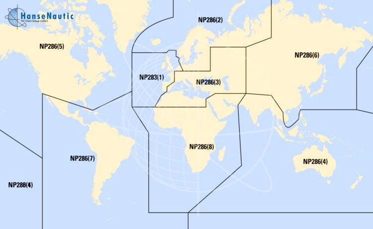Weltkarte mit den Abdeckungsgrenzen der beiden Teile von Volume 6 der ADMIRALTY RadioSignals